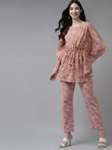 Amirah s Women Peach-Coloured Floral Printed Regular Pure Cotton Top with Trousers