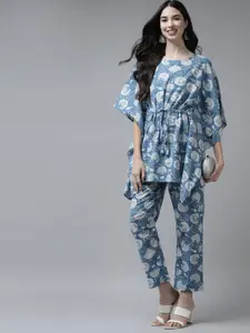 Amirah s Women Blue Printed Regular Pure Cotton Top with Trousers