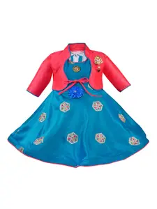 Wish Karo Blue & Red Embellished Satin Dress With Shrug