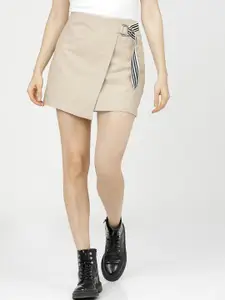 Tokyo Talkies Women Beige Solid Wrap Mini Skirt