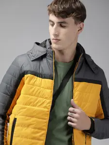 SPYKAR Men Grey & Yellow Colourblocked Lightweight Puffer Jacket