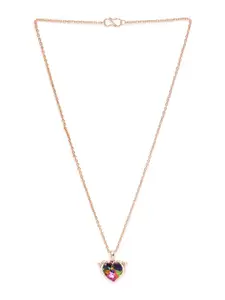 Mahi Rose Gold-plated Pink & Green Solitaire Swarovski Crystal-Studded Heart Shaped Pendant With Chain