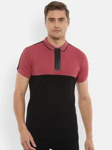 Louis Philippe Sport Men Black & Mauve Colourblocked Polo Collar Slim Fit T-shirt