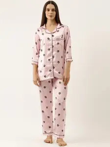 Bannos Swagger Women Pink & Black Printed Night suit