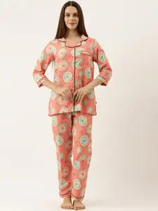 Bannos Swagger Women Pink & Turquoise Blue Printed Night suit