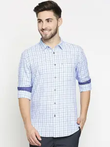 Basics Men Blue Slim Fit Windowpane Checks Pure Cotton Casual Shirt