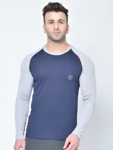CHKOKKO Men Navy Blue Colourblocked Training & Gym T-shirt