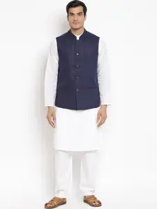 Fabindia Men Blue Slim Fit Linen Nehru Jacket