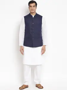 Fabindia Men Navy Blue Solid Linen Woven Nehru Jacket