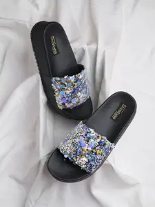Shoetopia Black Embellished Flatform Sandals