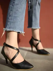 Shoetopia Black Solid Slim Heeled Sandals