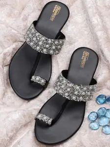 Shoetopia Women Black & Silver-Toned Embellished Leather Ethnic One Toe Flats