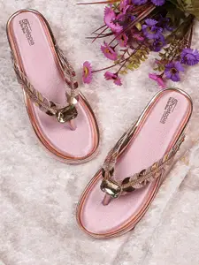 Shoetopia Pink & Gold-Toned Embellished Platform Sandals