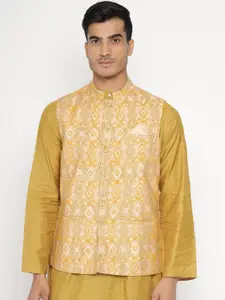 Fabindia Men Yellow and Orange Printed Nehru Jacket