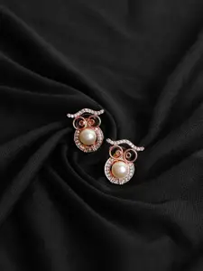 ZINU Rose Gold & White Cubic Zirconia Studded Rose Gold-Plated Owl shapped Studs Earrings