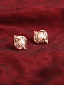 ZINU Rose Gold-Toned Contemporary Stone & Pearl Studded Studs Earrings