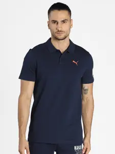 Puma Men Blue Printed Slim Fit Polo Collar Cotton T-shirt