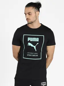 Puma Men Black & Turquoise Blue Brand Logo Printed Slim Fit T-shirt