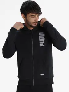 Puma Men Black Brand Logo Athletics Fleece Zip-Up Raglan Sleeves Hoodie