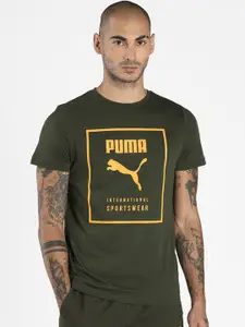 Puma Men Olive Green & Mustard Yellow Graphic Printed Slim Fit T-shirt