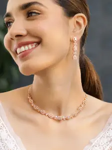 Rubans 18K Rose Gold-Plated White Cubic Zirconia Studded Handcrafted Necklace Set