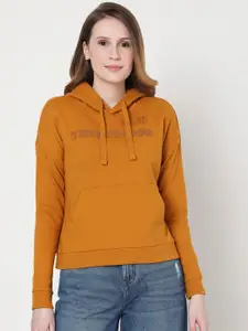 Vero Moda Women Brown Typography Cotton Hooded Sweatshirt