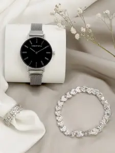 JOKER & WITCH Women Black Silver Toned Watch With Bracelet & Ring Gift Set JWLT365