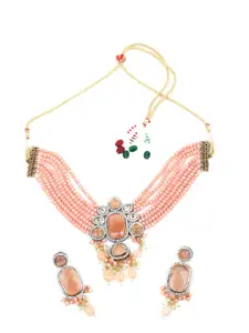 ODETTE Women Peach Kundan Necklace & Earrings Set