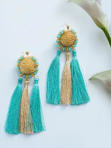 Golden Peacock Sea Green & Gold-Toned Contemporary Tassel Earrings