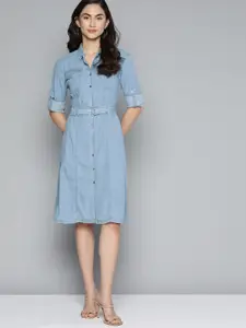 Chemistry Blue Pure Cotton Denim Solid Shirt Style Dress