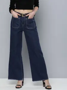 Chemistry Women Navy Blue Wide Leg  Mid Rise Stretchable Jeans