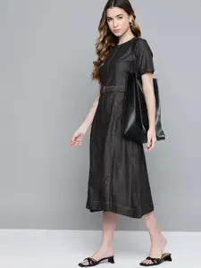 Chemistry Women Black Solid Chambray Pure Cotton Fit & Flare Dress