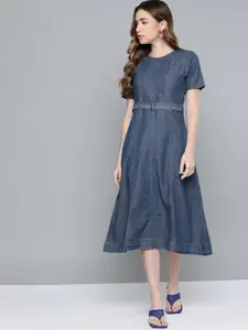 Chemistry Women Navy Blue Denim Pure Cotton Fit & Flare Dress