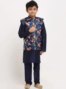 KRAFT INDIA KRAFT INDIA Boys Navy Blue Floral Printed Dupion Silk Kurta with Churidar & Nehru Jacket
