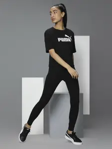 Puma Women Black & White Logo Printed Essentials Relaxed Fit Cropped T-shirt