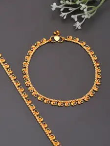 Silvermerc Designs Set Of 2 Green Gold-Plated Artificial Stones-Studded & Beaded Enameled Mango Anklets
