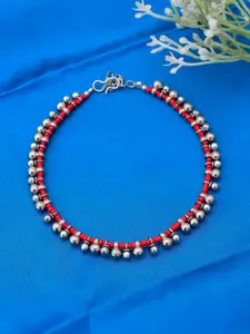Silvermerc Designs Silver-Plated Red Ghungroo Beaded Tribal Anklet