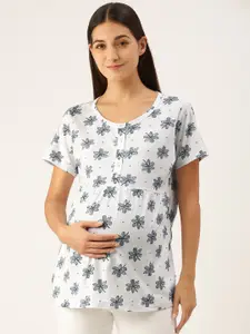 Nejo White & Navy Blue Floral Pure Cotton Maternity Sleep Top