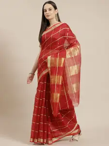 Kvsfab Red Checked Cotton & Silk Festive Saree