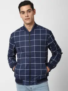 Peter England Casuals Men Navy Blue Geometric Checked Bomber Jacket
