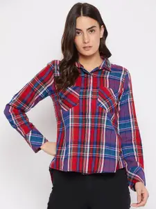 PURYS Women Blue & Red Boxy Tartan Checks Opaque Casual Shirt