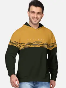 BULLMER Men Mustard Yellow & Green Colourblocked Hooded Sweatshirt