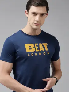 BEAT LONDON by PEPE JEANS Men Blue Typography Printed Slim Fit Pure Cotton T-shirt