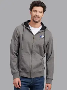 Beverly Hills Polo Club Men Charcoal Grey Cotton Hooded Front-Open Sweatshirt