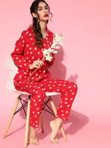 DRAPE IN VOGUE Women Gorgeous Red Graphic Printed Night Suit