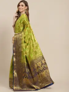 SERONA FABRICS Lime Green & Navy Blue Woven Design Zari Silk Blend Ready to Wear Banarasi Saree
