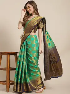 SERONA FABRICS Green & Navy Blue Woven Design Zari Silk Blend Ready to Wear Banarasi Saree