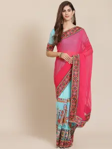 SERONA FABRICS Pink & Blue Floral Pure Georgette Half and Half Saree