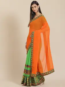 SERONA FABRICS Orange & Green Embellished Kutchi Embroidery Pure Georgette Half and Half Saree