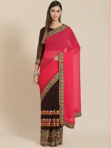 SERONA FABRICS Brown & Pink Ethnic Motifs Kutchi Embroidery Beaded Half and Half Saree
